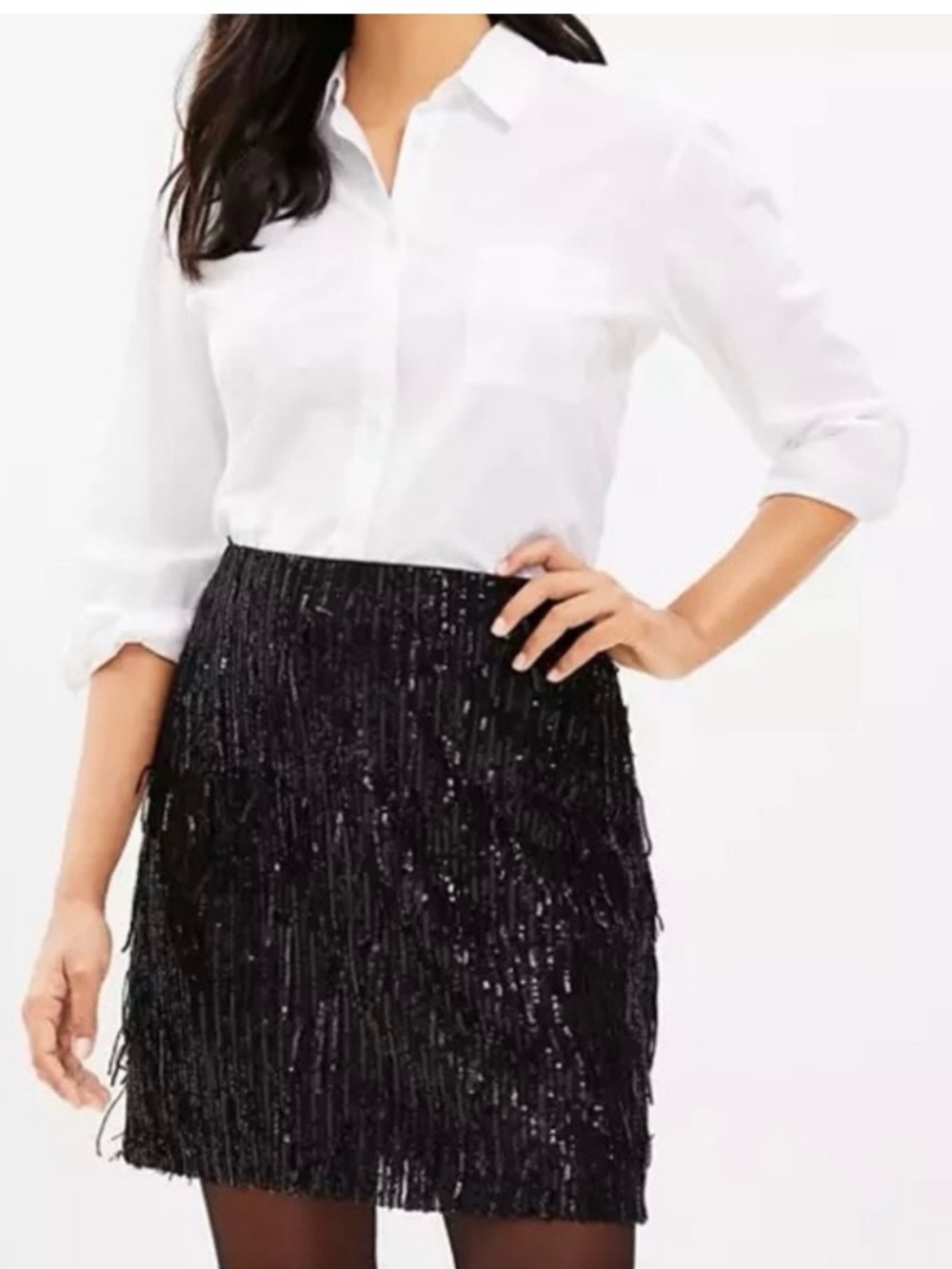 LOFT Black Sequin Fringe Mini Skirt